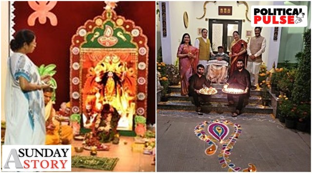West Bengal CM Mamata Banerjee during Kali Puja at her home in 2017. The Kali Puja is an annual affair at the TMC chief's home during Diwali (Twitter: All India Trinamool Congress); BJP national president JP Nadda celebrates Diwali with family in 2021. (ANI)