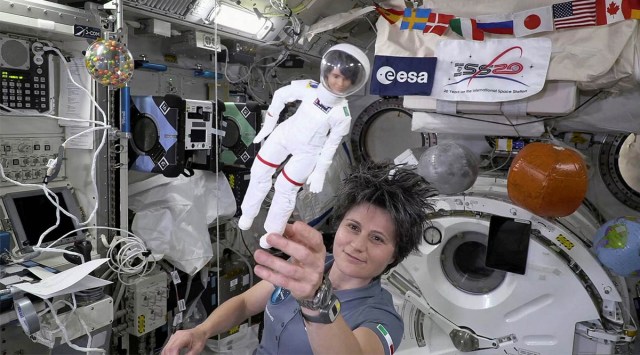ESA astronaut Samantha Cristoforetti with her lookalike Barbie doll at the International Space Station (ISS)