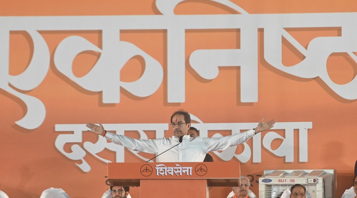 Shiv Sena chief Uddhav Thackeray addressing the Dussehra Rally at Shivaji Park in Mumbai. 

(Express photo by Ganesh Shiresekar)