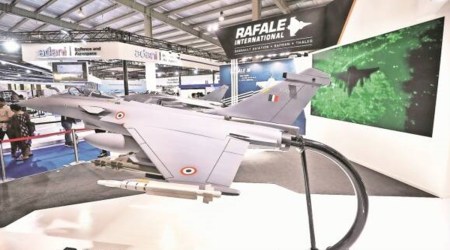 The stall of Dassault Rafale at the venue. (Express Photo by Nirmal Harindran)