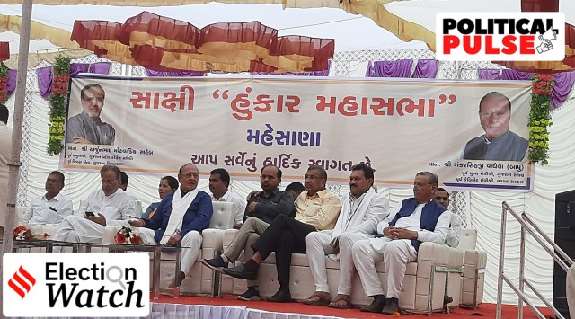 Congress MLAs share the dais with former Gujarat chief minister Shankersinh Vaghela at an event meant to support ex-chairman of Dudhsagar Dairy Vipul Chaudhary, at Mehsana, Thursday. (Express Photo/Avinash Nair)