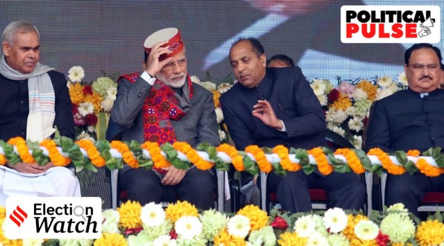 Prime Minister of India Narendra Modi alongwith Jairam Thakur, Chief Minister of Himachal Pradesh. (Express Photo by Kamleshwar Singh)