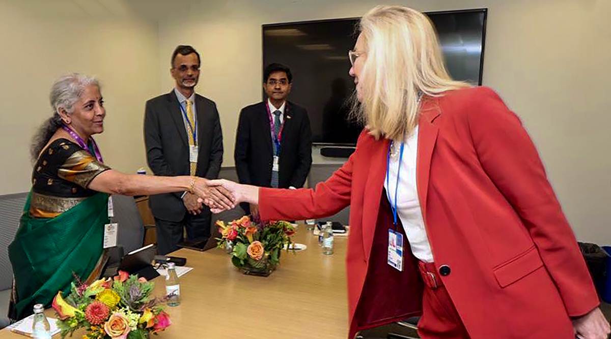 Union Finance Minister Nirmala Sitharaman greets Netherlands' Deputy Prime Minister and Minister of Finance Sigrid Kaag during a meeting on the sidelines of the annual meeting of IMF and World Bank, in Washington DC, USA. (PTI Photo)