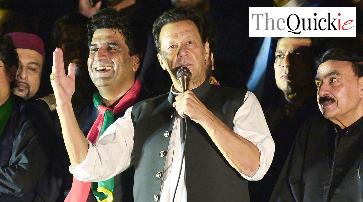 FILE - Pakistan's former Prime Minister Imran Khan, center, addresses during an anti-government rally in Islamabad, Pakistan, Saturday, Aug. 20, 2022. Pakistan's elections commission on Friday, Oct. 21, 2022, disqualified Khan on charges of concealing assets, a move which is likely to deepen lingering political turmoil. (AP)
