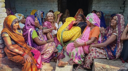 In Kannauj district of Uttar Pradesh, mourning relatives of the two migrant workers who were killed in a grenade attack in Shopian, Jammu and Kashmir, on Tuesday. (PTI)