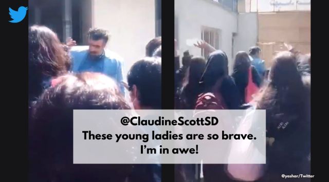 School girls chase education officials in Iran, school girls in Iran chase heckle school official, Iran anti veil protests, viral video iran anti hijab protests, Mahsa Amini protests iran, Indian express