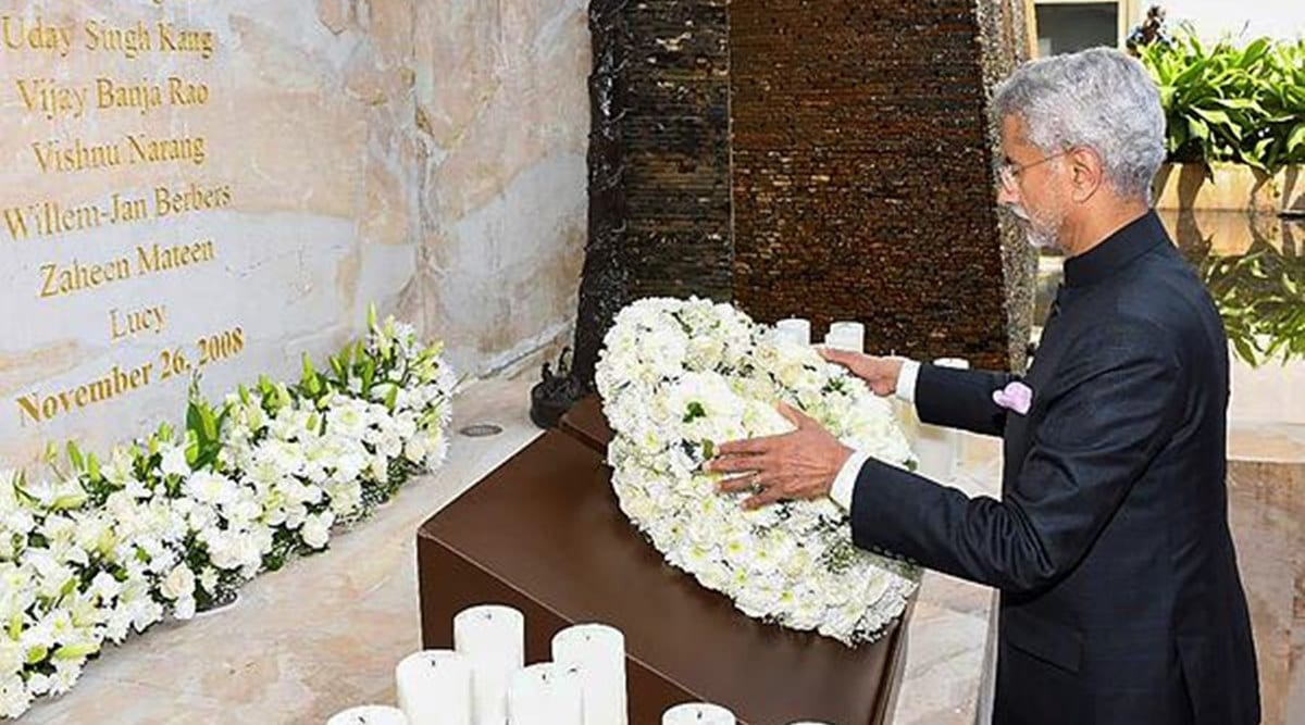  External Affairs Minister S Jaishankar pays tribute to 26/11 victims at a memorial in Hotel Taj Mahal Palace, before a special meeting of the United Nations Security Council’s Counter Terrorism Committee (CTC) in Mumbai. (PTI)