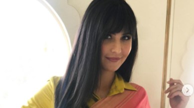 Katrina Kaif, Katrina Kaif news, Katrina Kaif fashion, Katrina Kaif sari, Katrina Kaif sari look, Katrina Kaif sari and sneakers, Katrina Kaif Phone Bhoot promotions, celeb fashion, indian express news