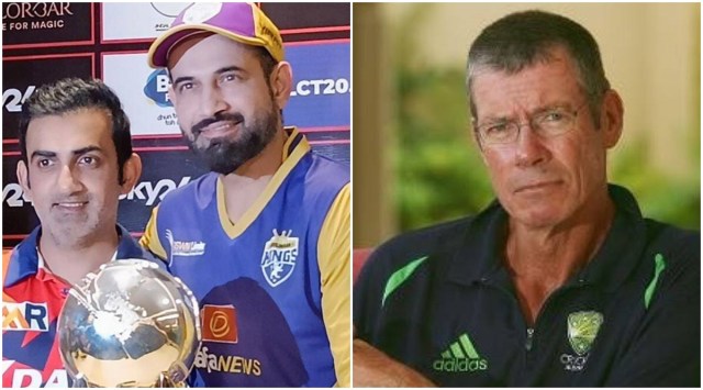 (From left) Gautam Gambhir and Irfan Pathan pose next to Legends League trophy; John Buchanan.