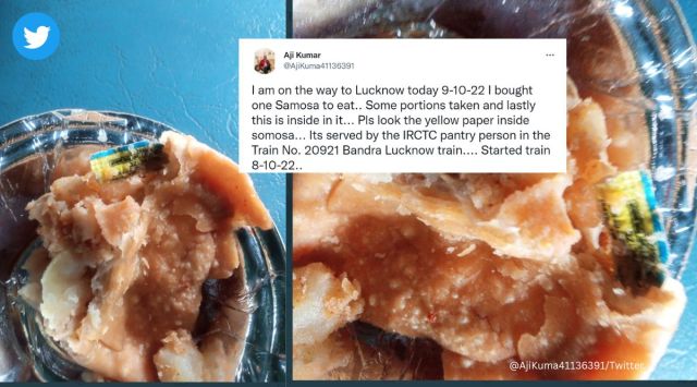 Man finds yellow paper inside samosa, Lucknow train, Bandra, Indian Railways, IRCTC, Twitter, viral, trending