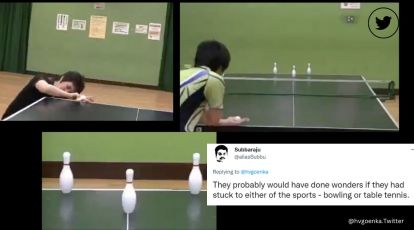 Table tennis player strikes bowling pins with ping-pong balls