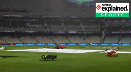Covers remain over the wicket as rain delays the start to the T20 World Cup cricket match between New Zealand and Afghanistan in Melbourne, Australia, Wednesday, Oct. 26, 2022. (AP Photo/Asanka Brendon Ratnayake)