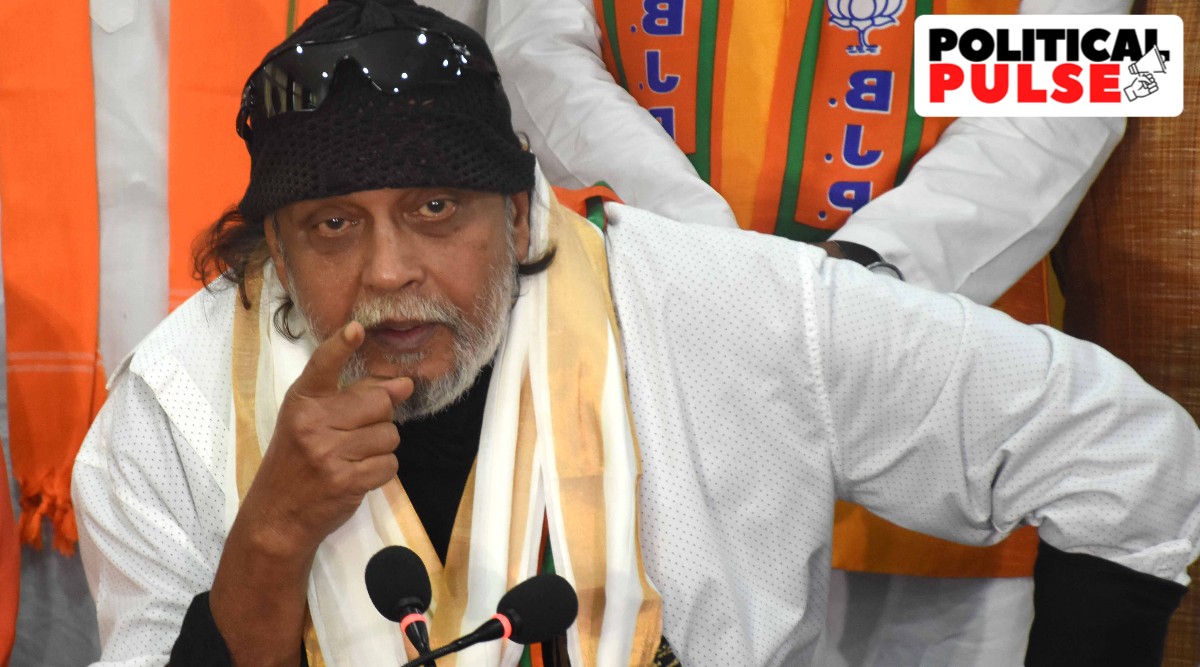 BJP leader Mithun Chakraborty during a press conference at BJP Hastings party office in Kolkata. (Express Photo)
