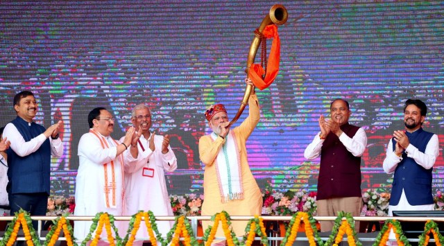 PM Narendra Modi with BJP national president JP Nadda, Union Minister Anurag Thakur, HP Governor Rajendra Vishwanath Arlekar and CM Jai Ram Thakur in Bilaspur. (PTI)