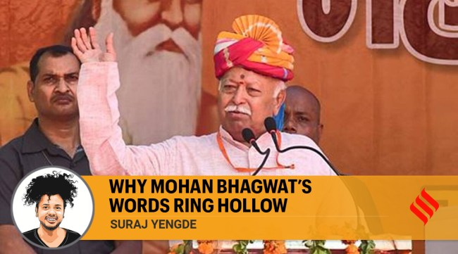 Rashtriya Swayamsevak Sangh chief Mohan Bhagwat addresses an event on the occasion of Valmiki Jayanti, in Kanpur. (PTI Photo)