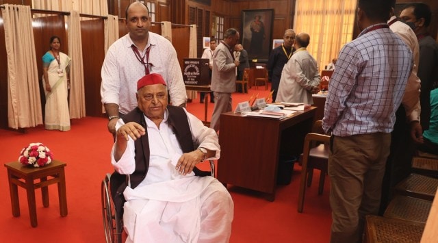 Samajwadi Party supremo Mulayam Singh Yadav on a wheelchair during voting for Presidential elections in July. He is in ICU of Gurugram 
since October 2 after his health deteriorated (Express/FILE)