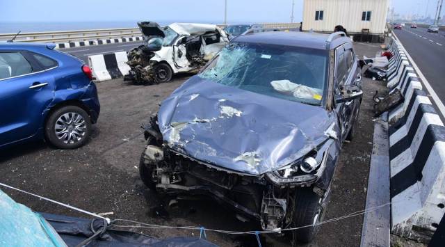 Wreckage of a car after a collision between four cars and an ambulance on the Bandra Worli Sea Link, in Mumbai, Wednesday, Oct. 5, 2022. (PTI/Photo)