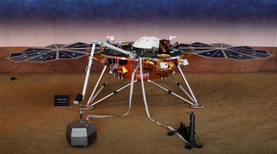 A life-size model of the spaceship Insight, NASA's first robotic lander dedicated to studying the deep interior of Mars, is shown at Jet Propulsion Laboratory (JPL)