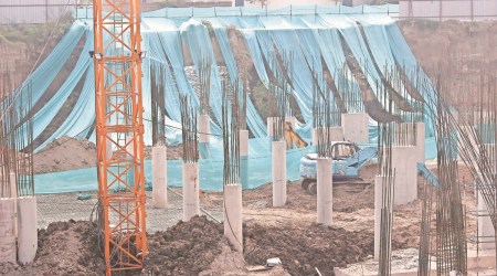 The construction site in Mohali on Monday where the two labourers died on Sunday. (Express Photo by Jasbir Malhi)