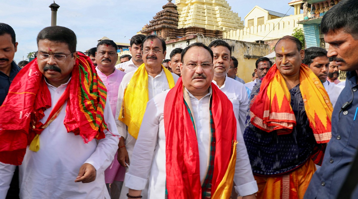 BJP National President JP Nadda with Union Minister Dharmendra Pradhan during a visit to the Jagannath Temple, in Puri on September 30, 2022 (PTI/FILE Photo)