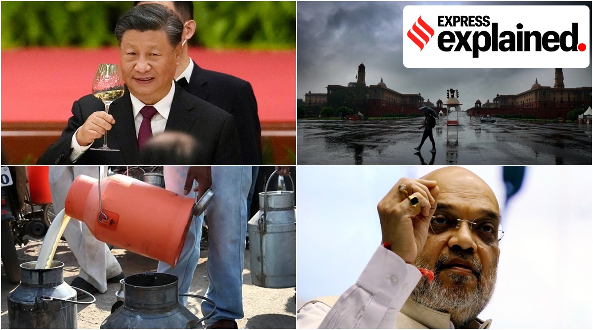 (Clockwise) Chinese President Xi Jinping; heavy rains at Rajpath  in Delhi; milkmen pour milk into cans; Home Minister Amit Shah