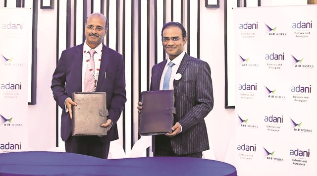 (Left) D Anand Bhaskar, MD & CEO, Air Works Group, with Ashish Rajvanshi, 
the CEO of Adani Defence & Aerospace. (Photo courtesy: Adani Defence)