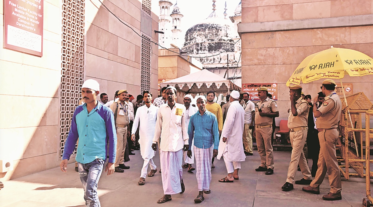 Outside the Gyanvapi mosque in Varanasi, Friday. (Express Photo by Anand Singh)