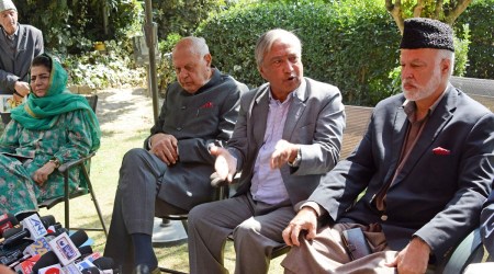 National Conference President Farooq Abdullah along with Peoples Democratic Party (PDP) President Mehbooba Mufti and other leaders addresses a press conference after a PAGD meeting, in Srinagar. (PTI)
