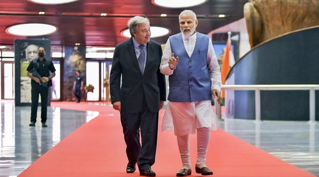 PM Narendra Modi with UN Secretary General Antonio Guterres in Kevadia, Thursday. (PTI)