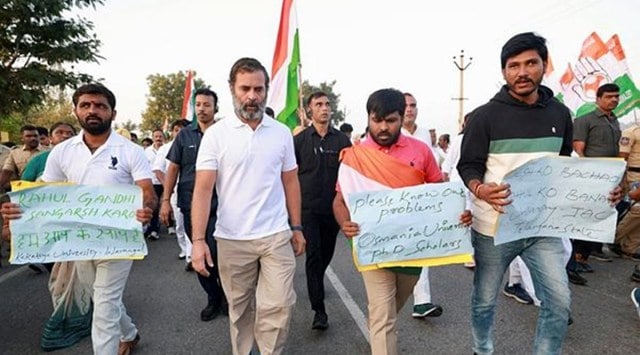 Congress leader Rahul Gandhi during the 'Bharat Jodo Yatra' from Dharmapur in Mahabubnagar town in Telangana. (PTI Photo)