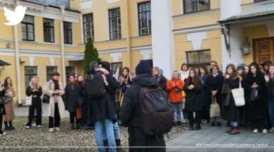 Russian professor take part in anti war protest, st petersburg professor cheered by students, russia's anti-war protest, indian express