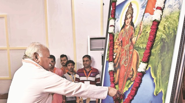 RSS chief Mohan Bhagwat in Prayagraj, Sunday. (PTI)