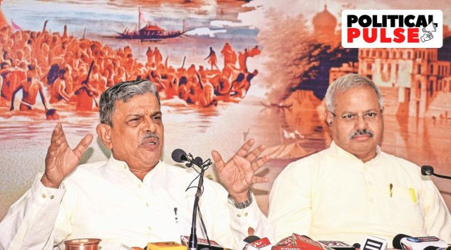 RSS general secretary Dattatreya Hosabale (left) addresses a press conference near Prayagraj on Wednesday. (PTI)