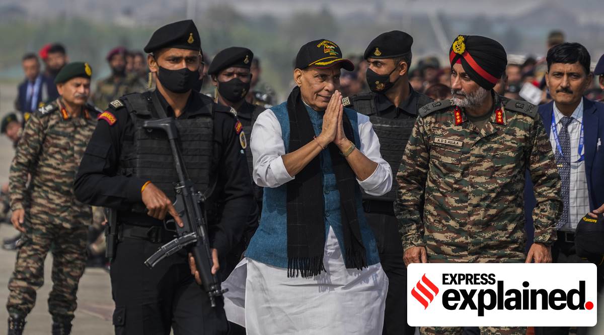 Defence Minister Rajnath Singh speaks during the anniversary of the army landing in Srinagar in 1947, at the Indian Air Force Station on the outskirts of Srinagar, Thursday, Oct. 27, 2022.(AP Photo/Mukhtar Khan)
