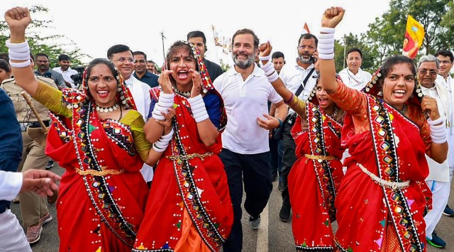 Rahul Gandhi during the Bharat Jodo Yatra in Karnataka’s Chitradurga district on Wednesday. (PTI)