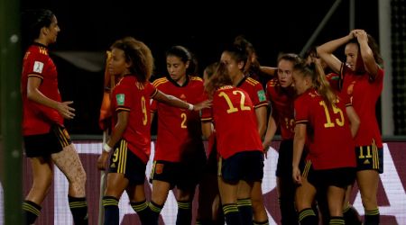 Spanish players celebrate after scoring the goal vs Columbia in their FIFA U17 Women's World Cup opener. (Photo:  Amit Chakravarty/Express photo)