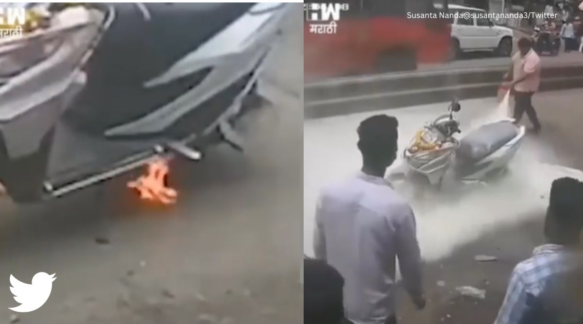 scooter catches fire, passersby saves scooter from fire, scooter on fire, scooter catches fire video, indian express