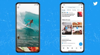 Twitter vertical video screenshots on a blue background