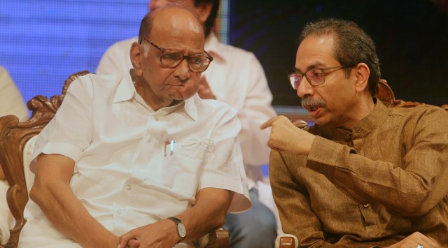 NCP chief Sharad Pawar along with Shiv Sena (Uddhav Balasaheb Thackeray)' chief Uddhav Thackeray during the 75th birthday celebration of NCP leader Chhagan Bhujbal in Mumbai on 13/10/2022,Thursday. (Express/File Photo By Ganesh Shirsekar)