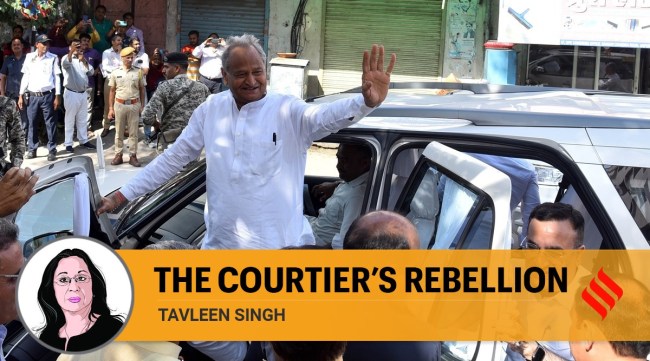 Rajasthan CM Ashok Gehlot arrives to attend a party meeting at Pradesh Congress Committee headquarter in Jaipur. (Express Photo)
