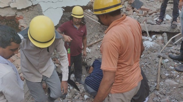 While two-three labourers are believed to be stuck under the debris, another labourer who sustained injuries was rescued and rushed to the hospital.