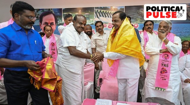 TRS President and Telangana CM K Chandrashekar with VCK party founder Thol. Thirumavalavan and JDS leader H. D. Kumaraswamy during changing of the name of the party from Telangana Rashtra Samithi (TRS) to Bharat Rashtra Samithi (BRS). (PTI Photo)