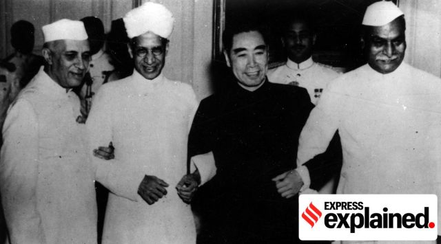 (From left) Prime Minister Nehru, Vice President S Radhakrishnan, Chinese Premier Zhou Enlai, and President Rajendra Prasad in New Delhi. (Express Archive)