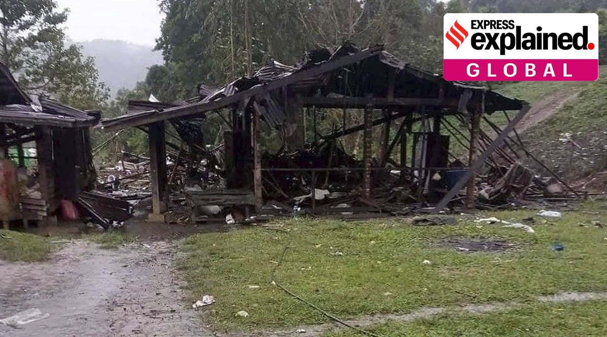 Wooden structures destroyed by Myanmar military airstrikes in Kachin State on Monday. The attacks reportedly killed scores of people. (AP)