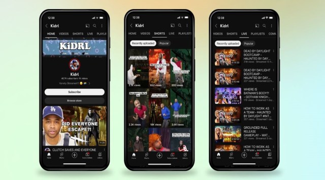 YouTube Shorts tab, YouTube Live tab