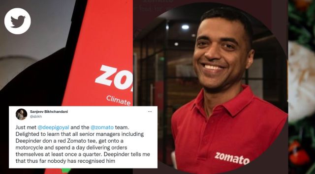 Zomato CEO Deepinder Goyal delivers orders, red t-shirt, Zomato, Naukri,com, Sanjeev Bikhchandani, Naukri founder, Twitter, Uber India, viral, trending