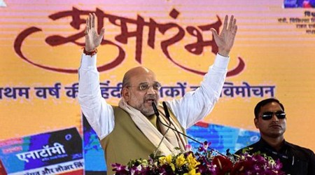 Union Home Minister Amit Shah speaks during the release of the Hindi books for the first year of medical courses as part of a project of the Madhya Pradesh government to impart medical education in the Hindi language, at Lal Parade Ground in Bhopal. (PTI)