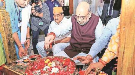 Union Home Minister Amit Shah during his visit to Sant Shri Savaiyanath Samadhi place, in Ahmedabad. (PTI)