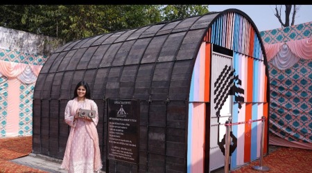 Ruhani Verma, alongside India's first carbon-negative public toilet at Sri Guru Ram Das Jee Airport in Amritsar. (Express Photo)
