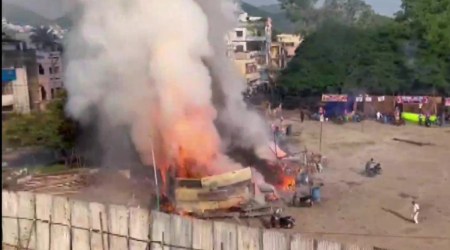 Three firecracker shops were burnt down fully but quick response by the Fire Services personnel prevented the accident from destroying other shops. (Photo: Twitter/@ANI)